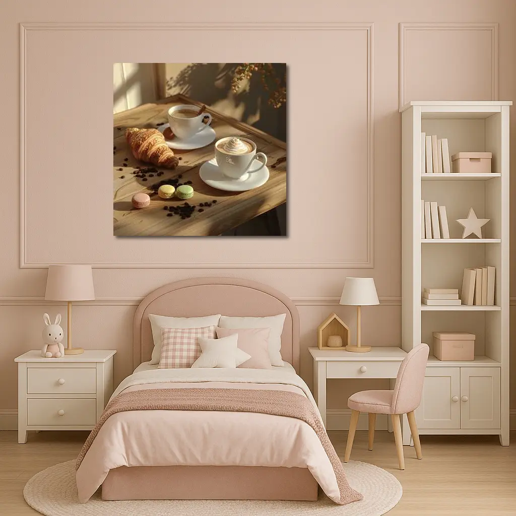 Coffee Croissant Macarons Wooden Table Morning – Wall Art