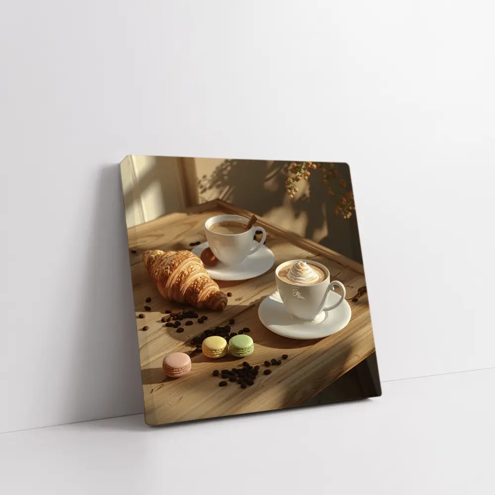 Coffee Croissant Macarons Wooden Table Morning – Wall Art