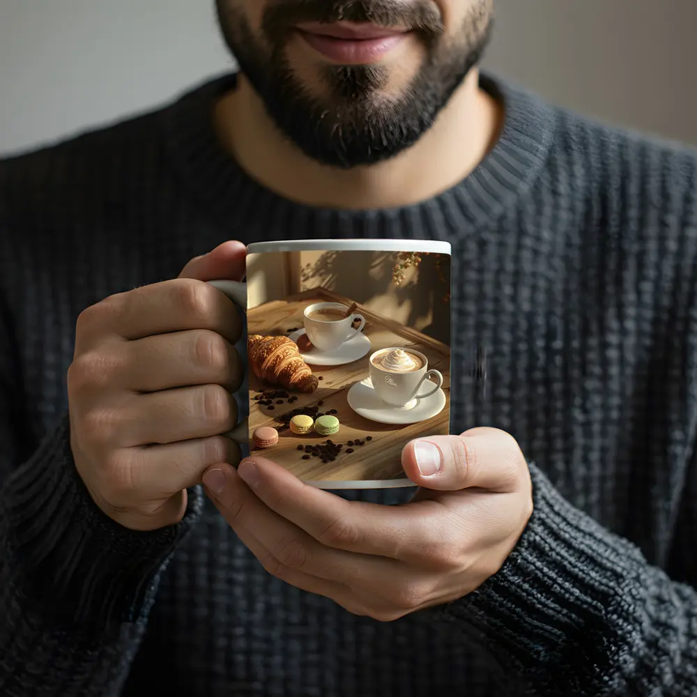 Coffee Croissant Macarons Wooden Table Morning – Mugs
