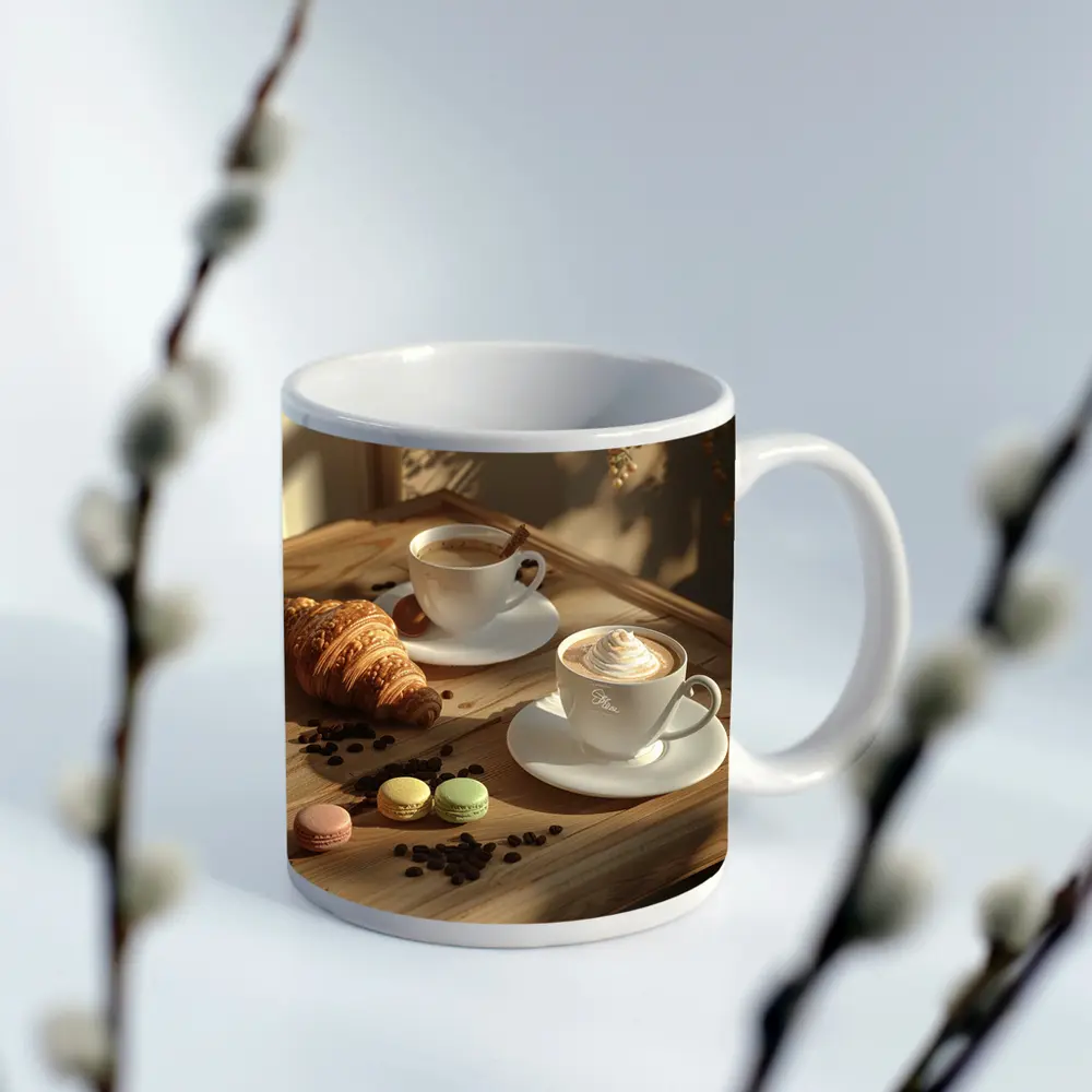 Coffee Croissant Macarons Wooden Table Morning – Mugs
