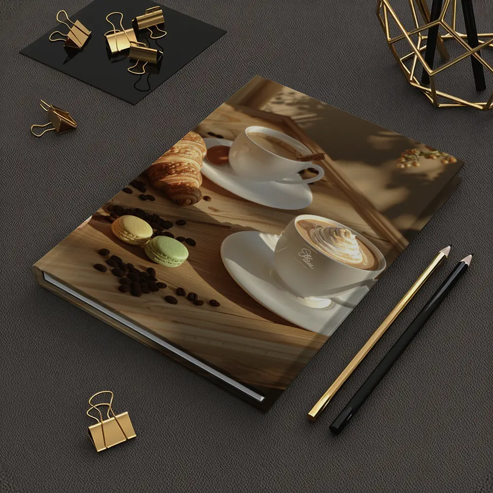 Coffee Croissant Macarons Wooden Table Morning – Notebooks