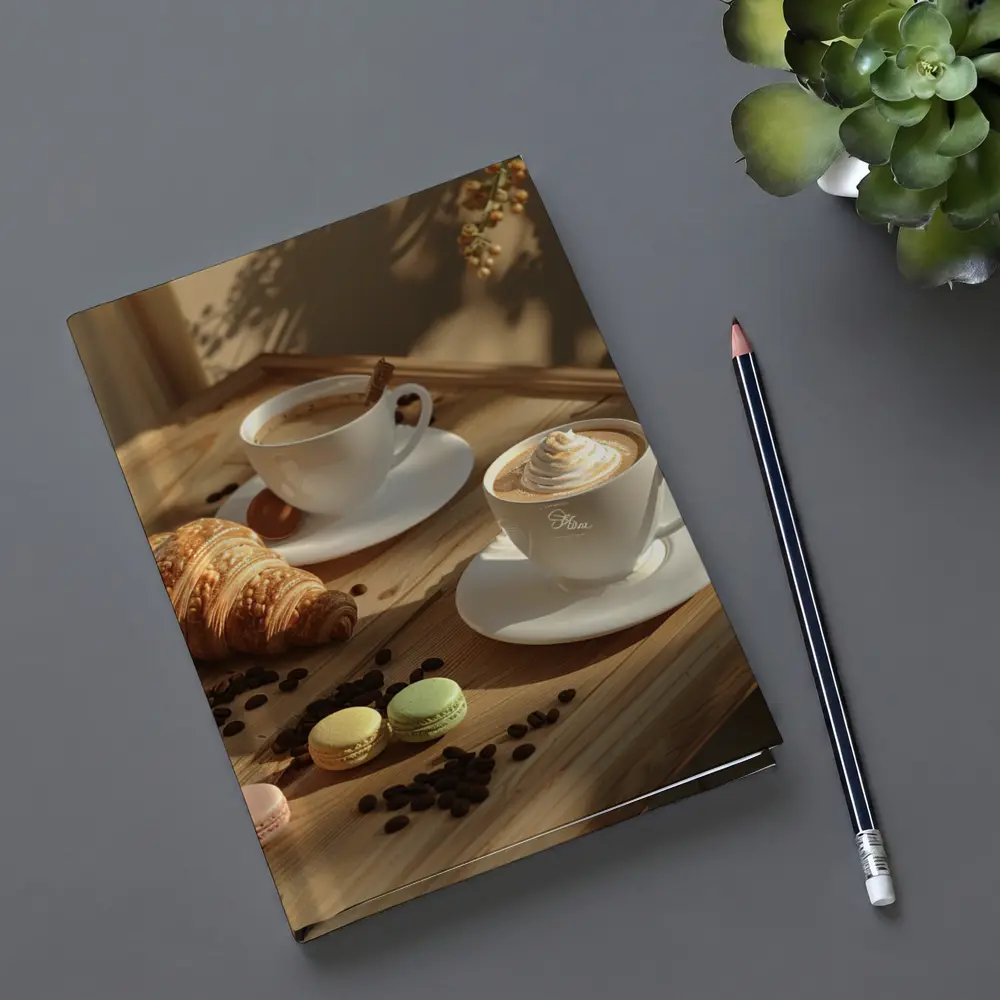 Coffee Croissant Macarons Wooden Table Morning – Notebooks