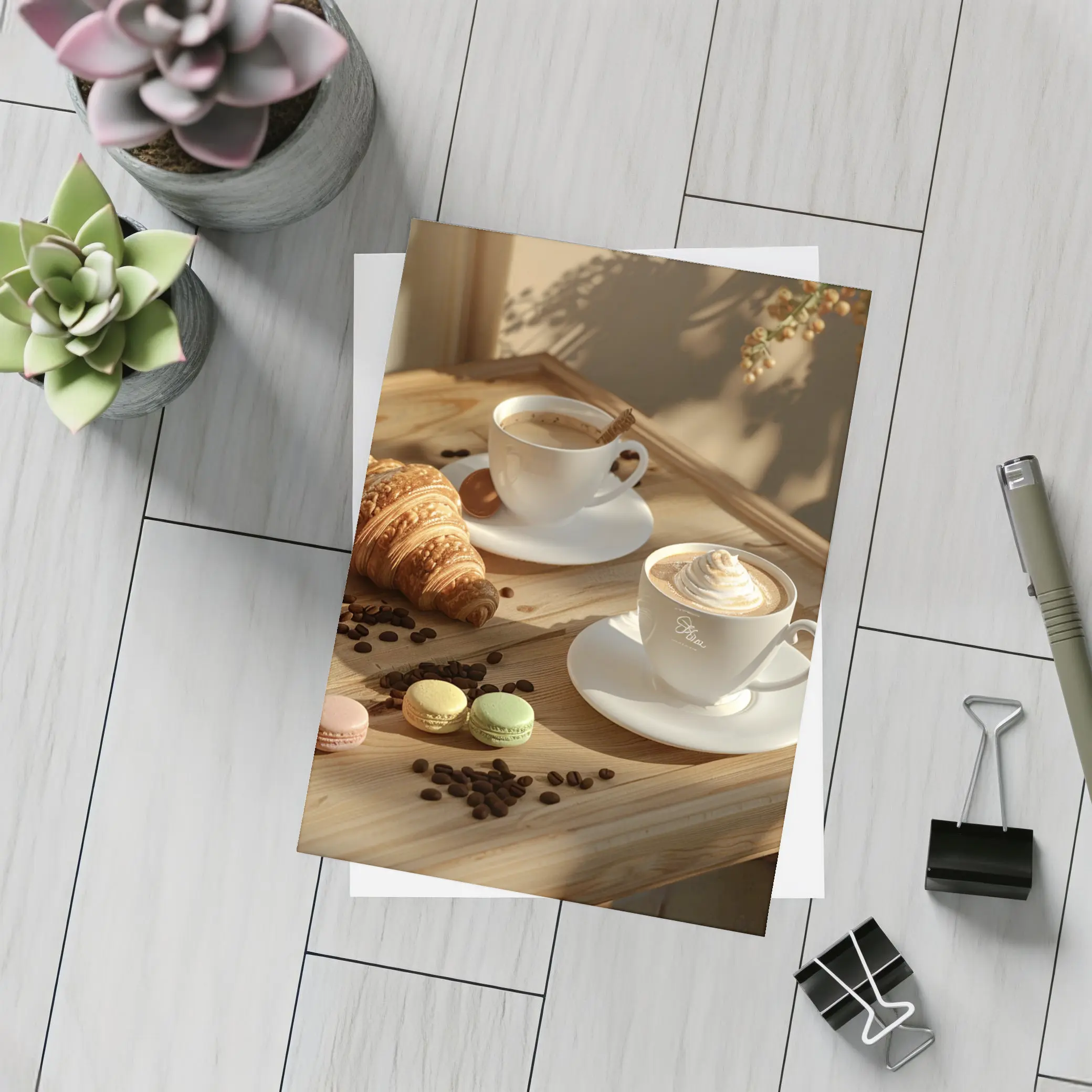Coffee Croissant Macarons Wooden Table Morning – Postcards