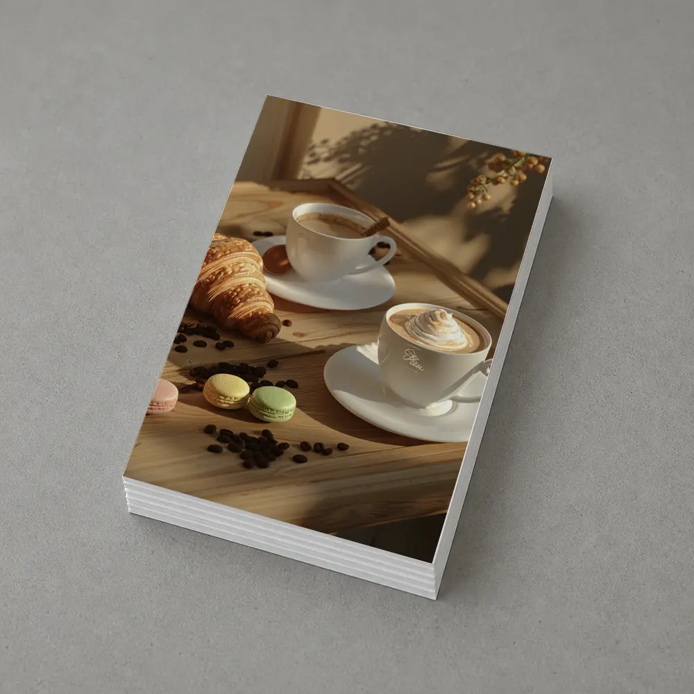 Coffee Croissant Macarons Wooden Table Morning – Postcards