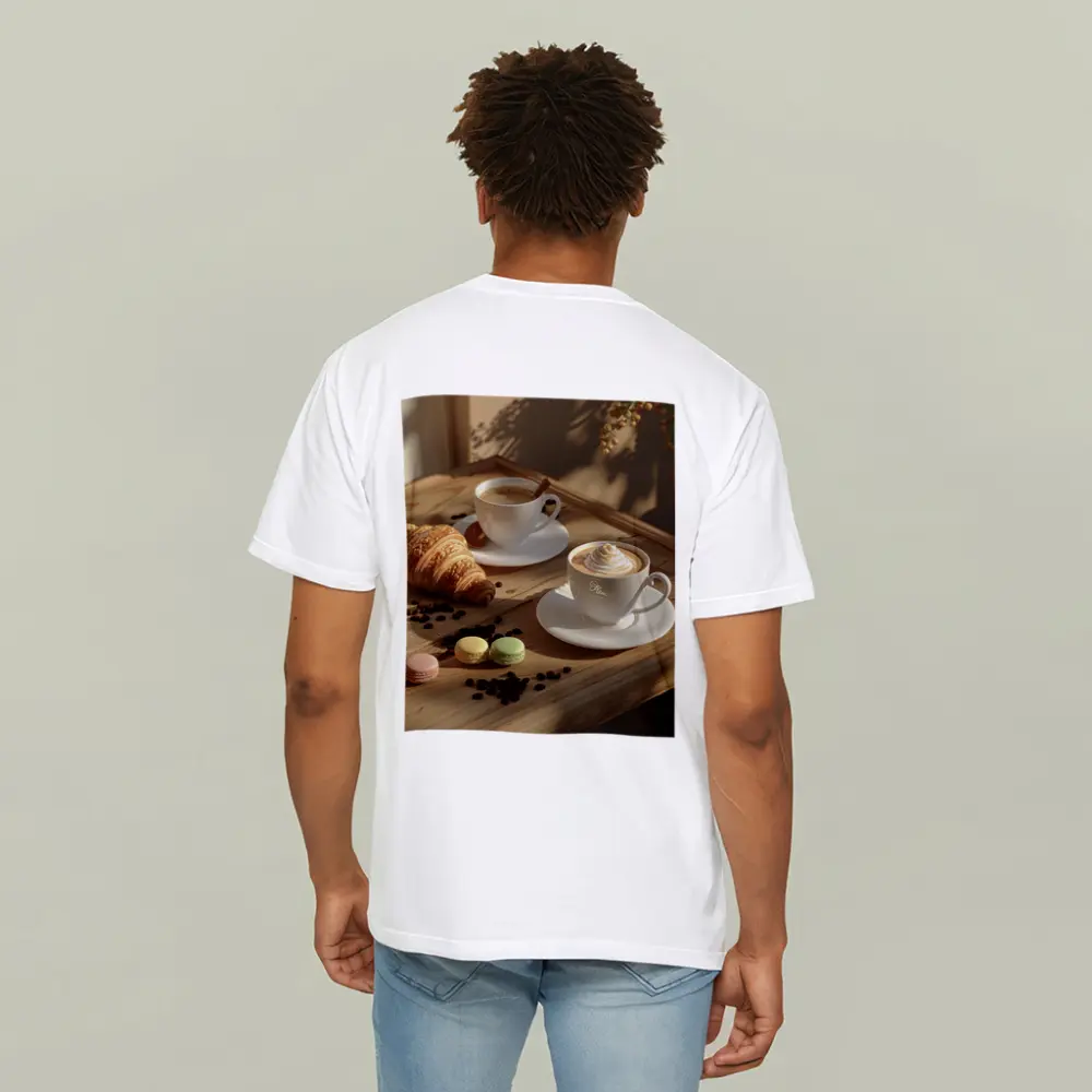 Coffee Croissant Macarons Wooden Table Morning – T-Shirts