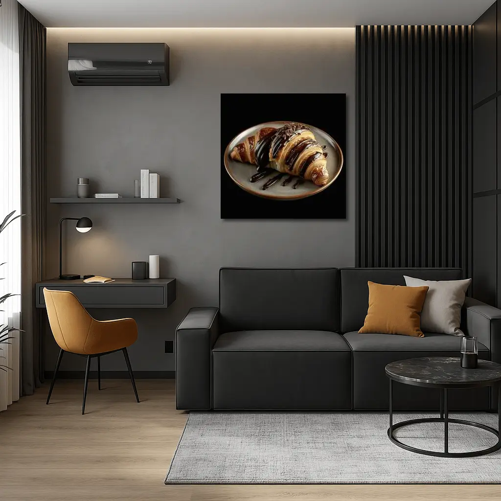 Chocolate Drizzled Croissant On Dark Plate – Wall Art