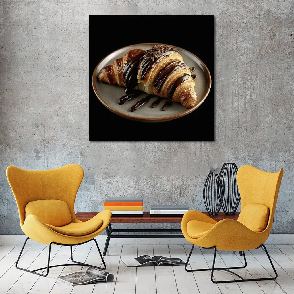 Chocolate Drizzled Croissant On Dark Plate – Wall Art