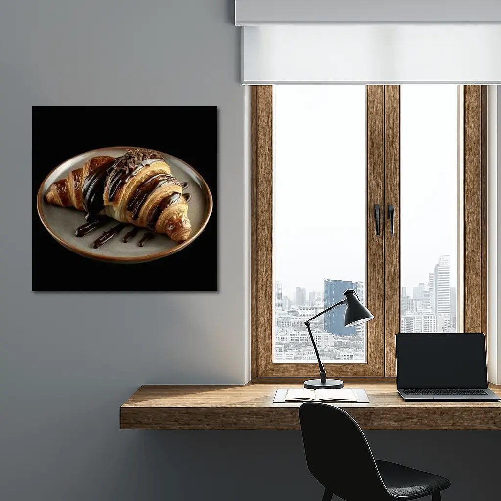 Chocolate Drizzled Croissant On Dark Plate – Wall Art