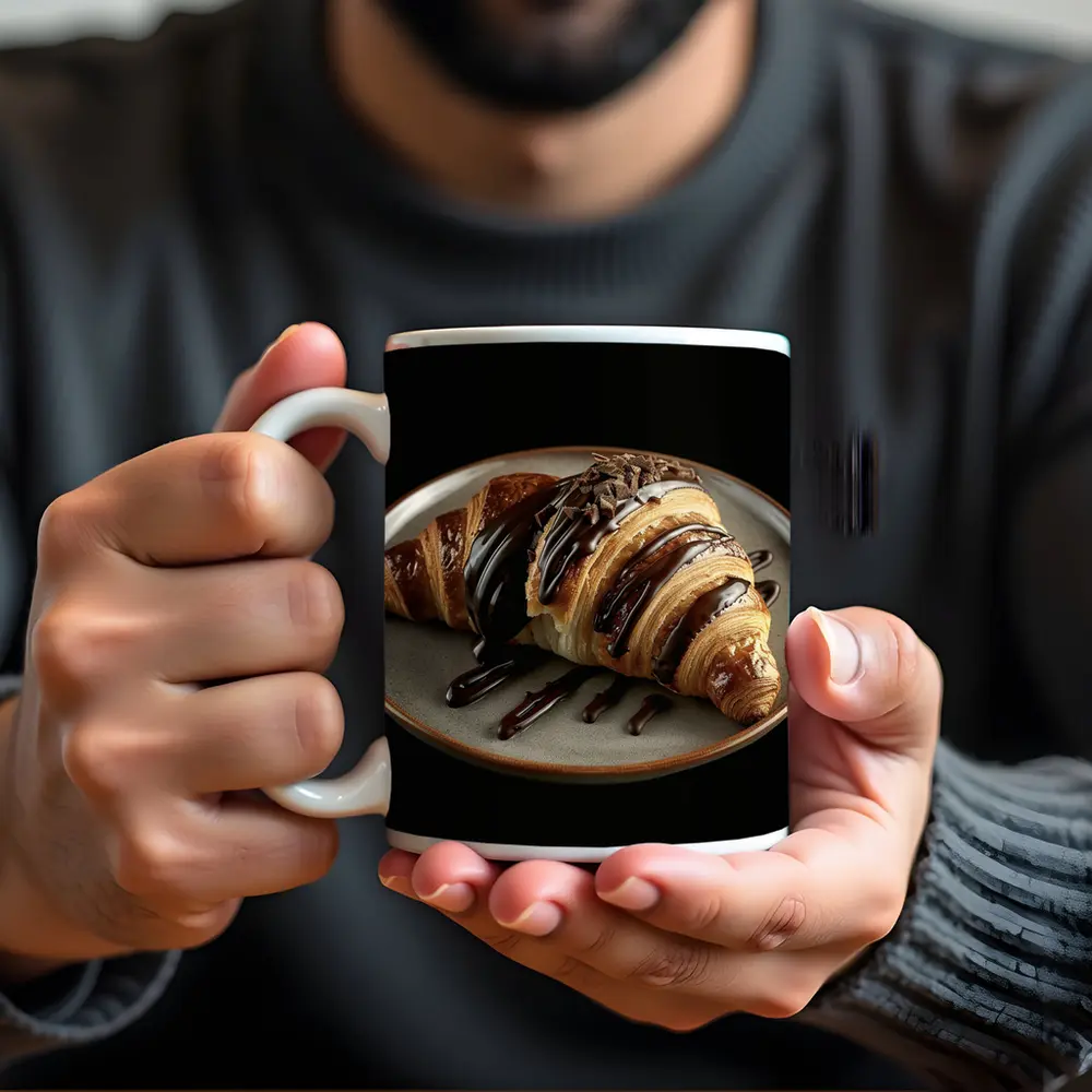 Chocolate Drizzled Croissant On Dark Plate – Mugs