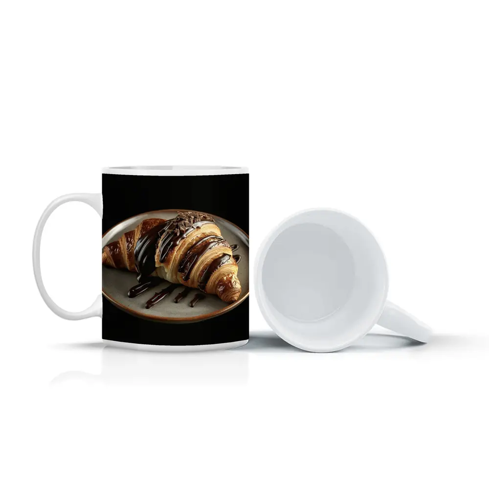Chocolate Drizzled Croissant On Dark Plate – Mugs