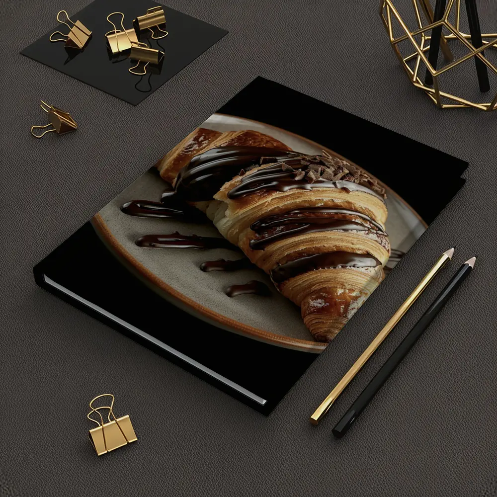 Chocolate Drizzled Croissant On Dark Plate – Notebooks