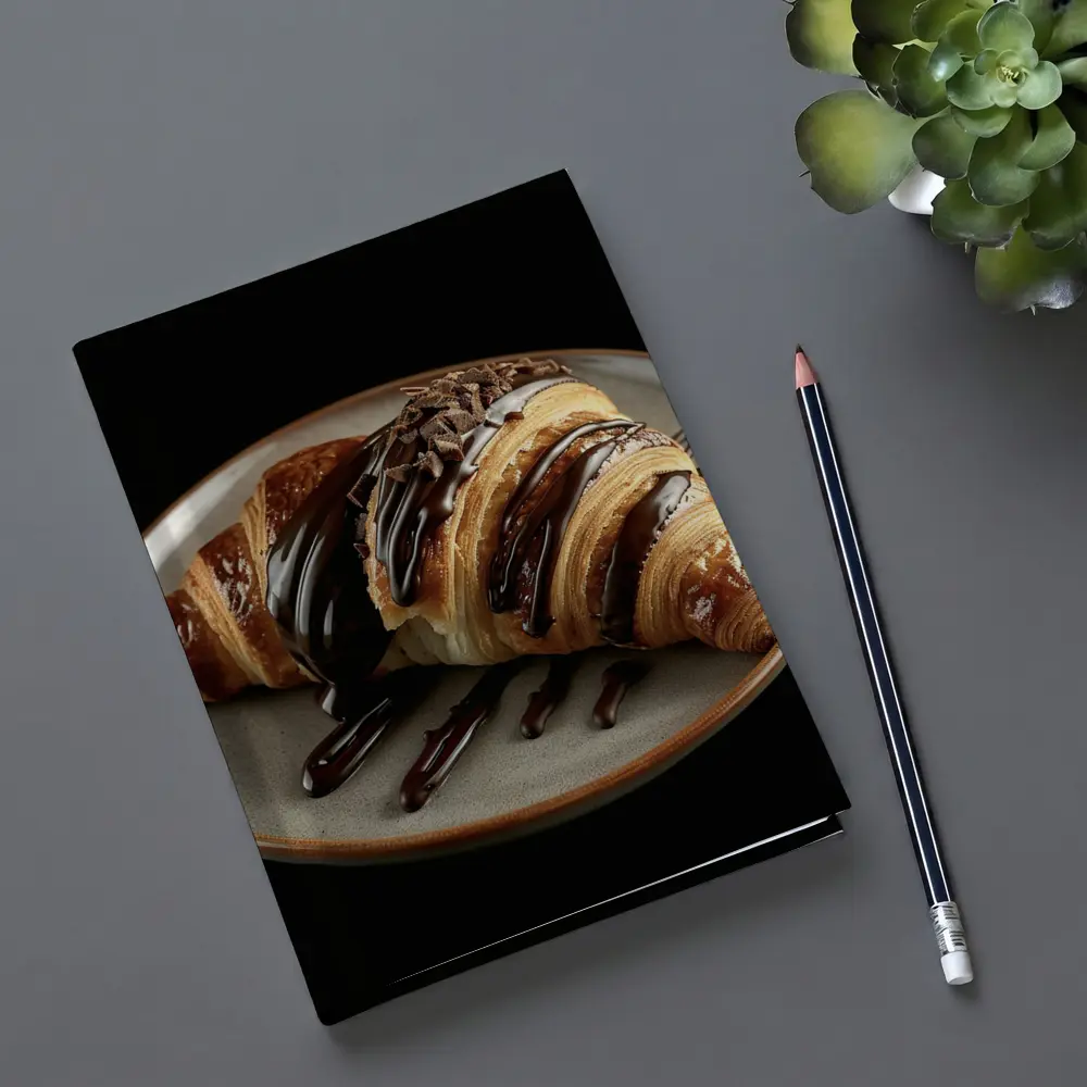 Chocolate Drizzled Croissant On Dark Plate – Notebooks