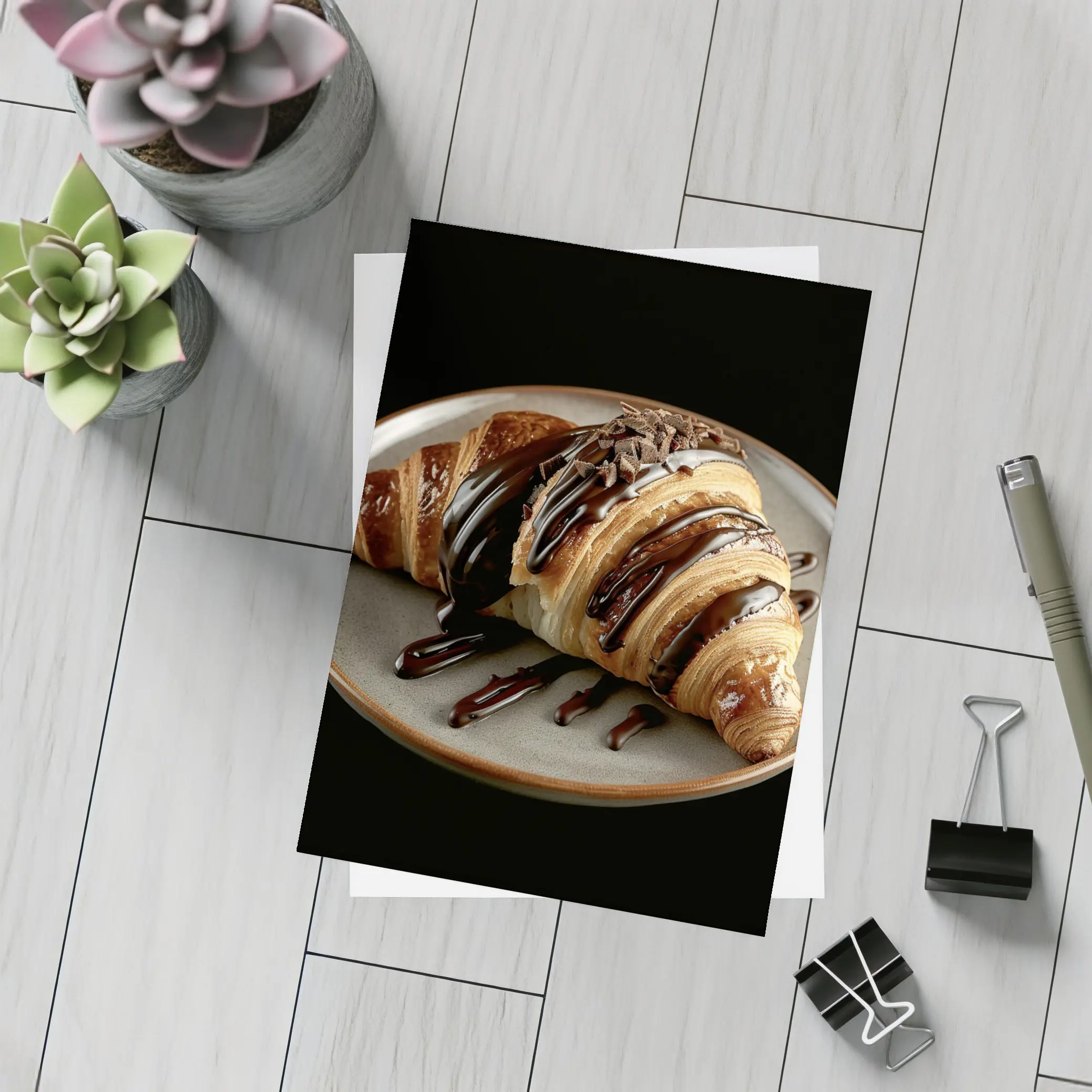Chocolate Drizzled Croissant On Dark Plate – Postcards