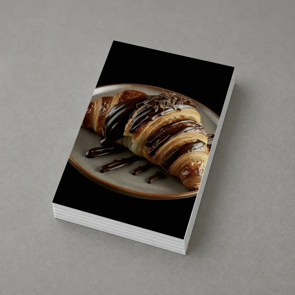 Chocolate Drizzled Croissant On Dark Plate – Postcards