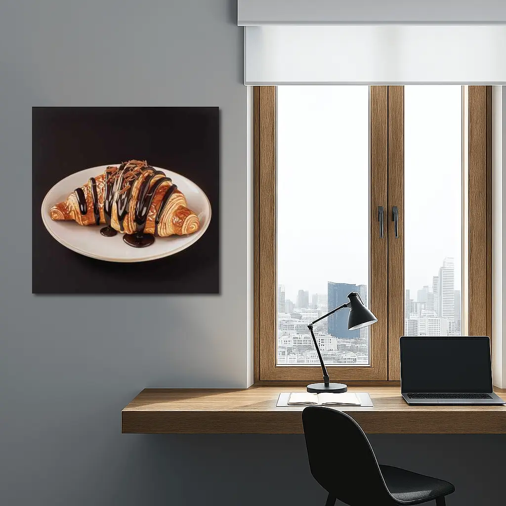 Chocolate Drizzled Croissant On White Plate – Wall Art