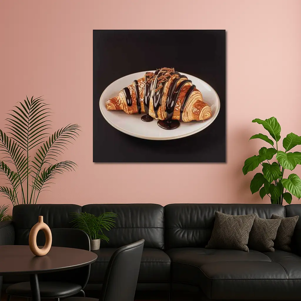 Chocolate Drizzled Croissant On White Plate – Wall Art