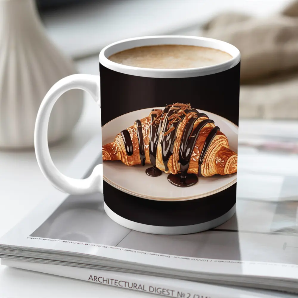 Chocolate Drizzled Croissant On White Plate – Mugs