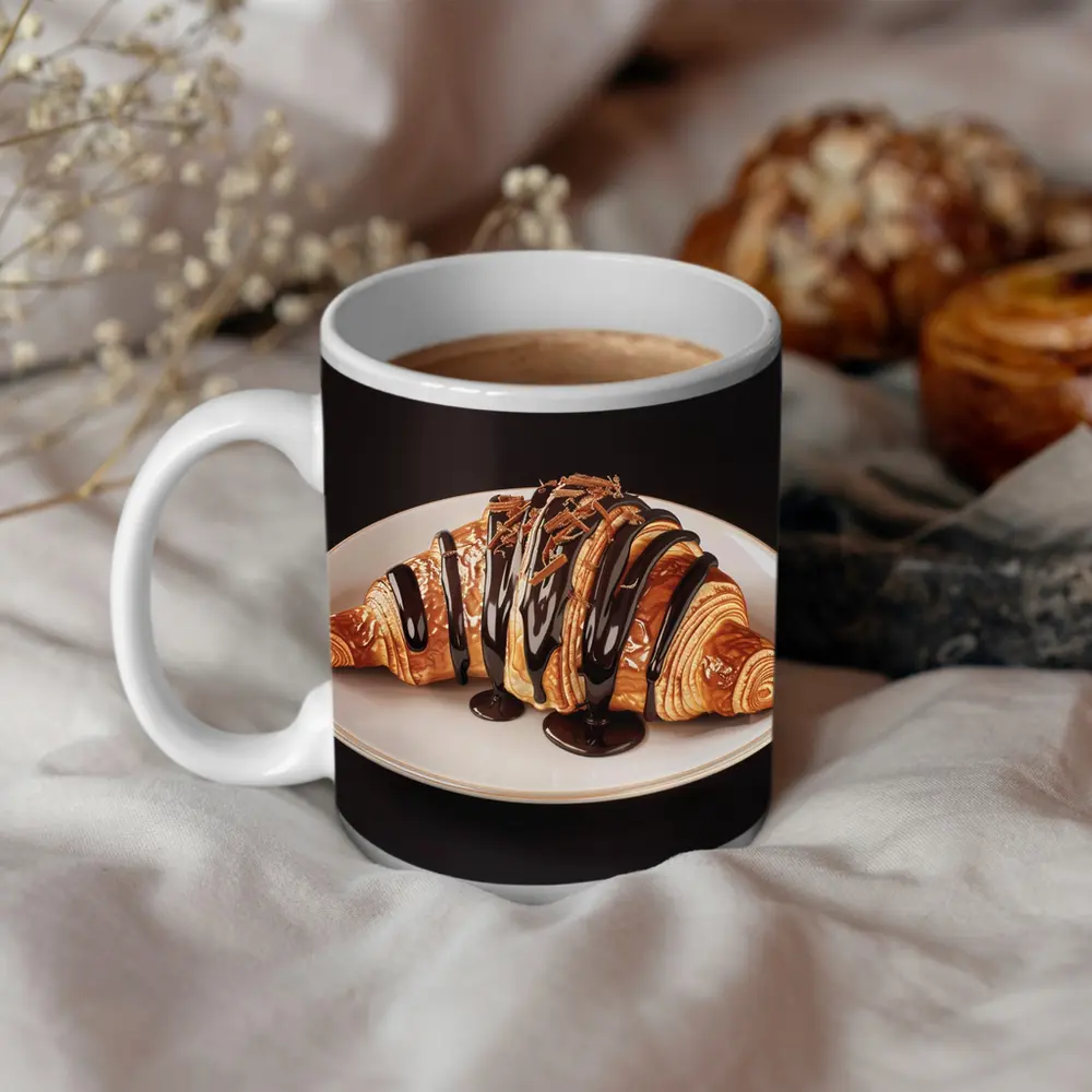 Chocolate Drizzled Croissant On White Plate – Mugs