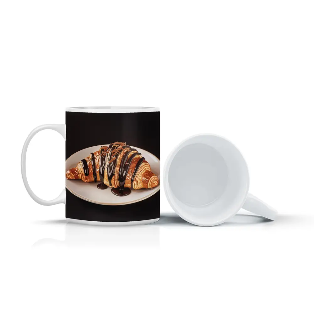 Chocolate Drizzled Croissant On White Plate – Mugs