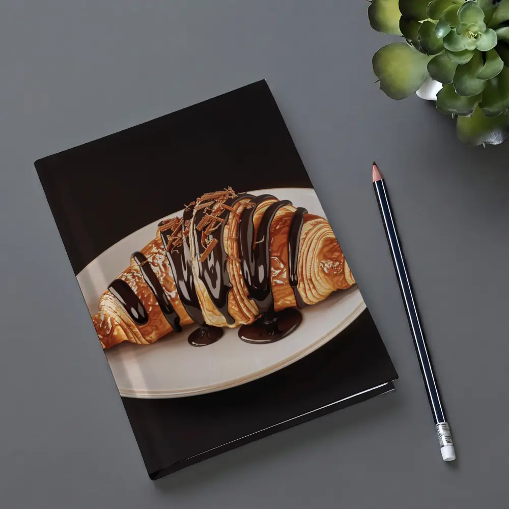Chocolate Drizzled Croissant On White Plate – Notebooks