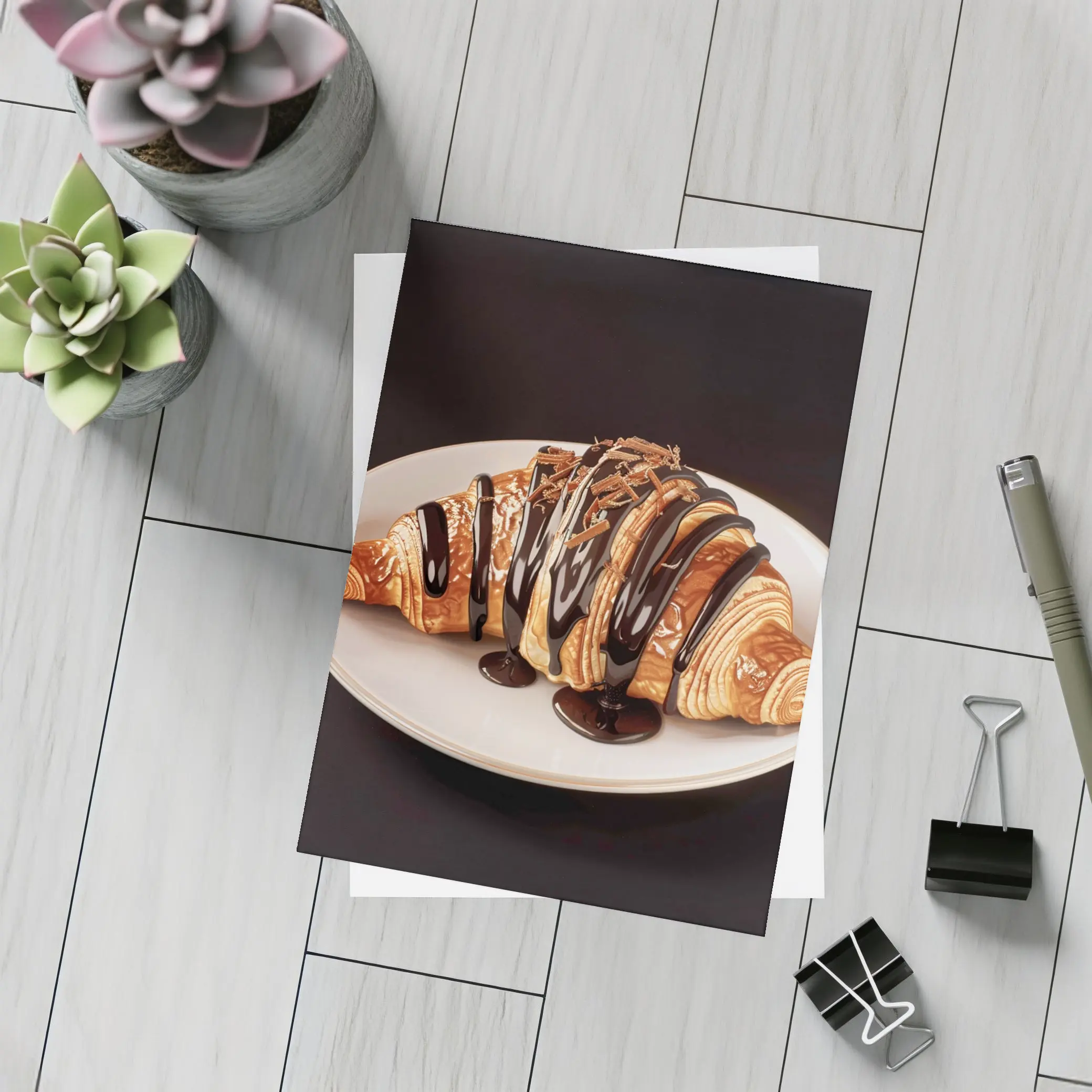 Chocolate Drizzled Croissant On White Plate – Postcards