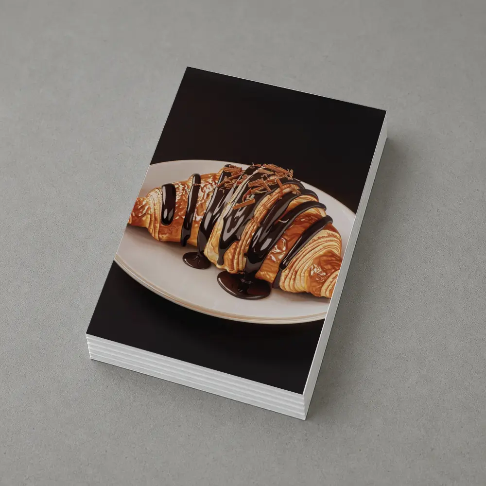 Chocolate Drizzled Croissant On White Plate – Postcards