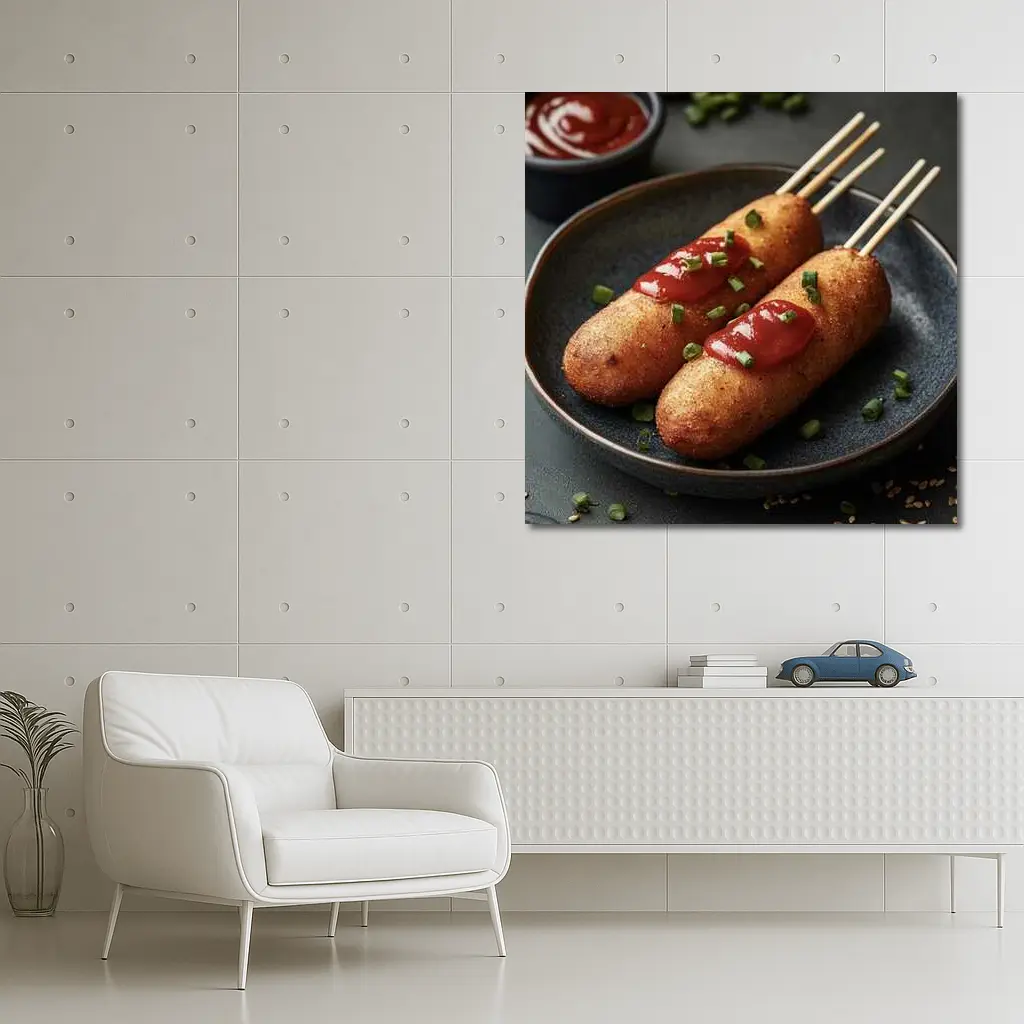 Corn Dogs With Ketchup On Dark Plate – Wall Art