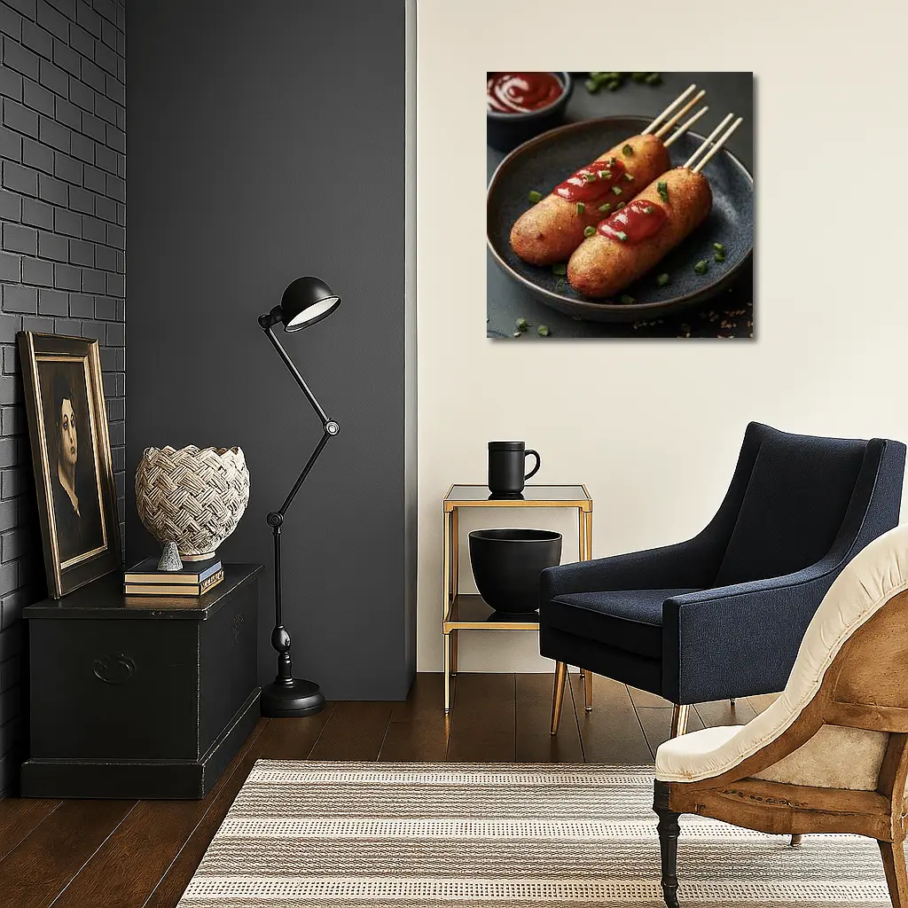 Corn Dogs With Ketchup On Dark Plate – Wall Art