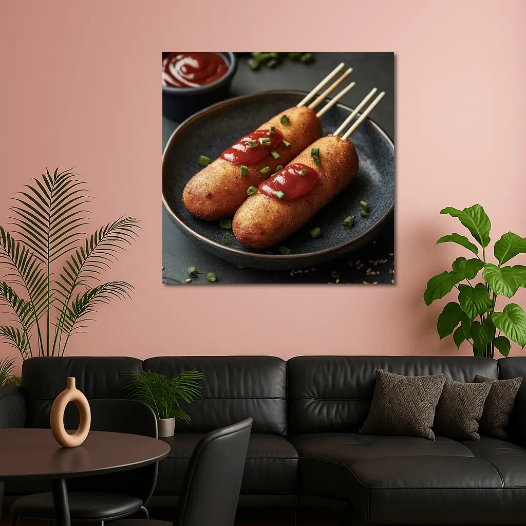 Corn Dogs With Ketchup On Dark Plate – Wall Art