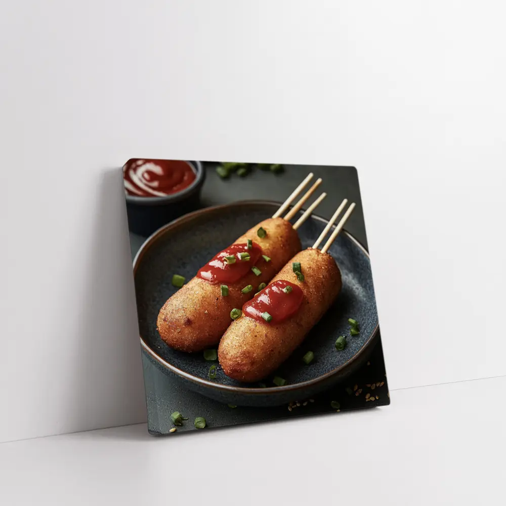 Corn Dogs With Ketchup On Dark Plate – Wall Art
