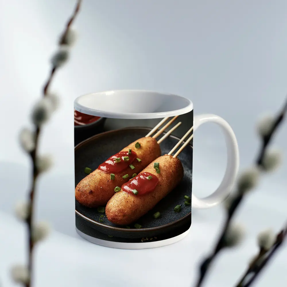 Corn Dogs With Ketchup On Dark Plate – Mugs
