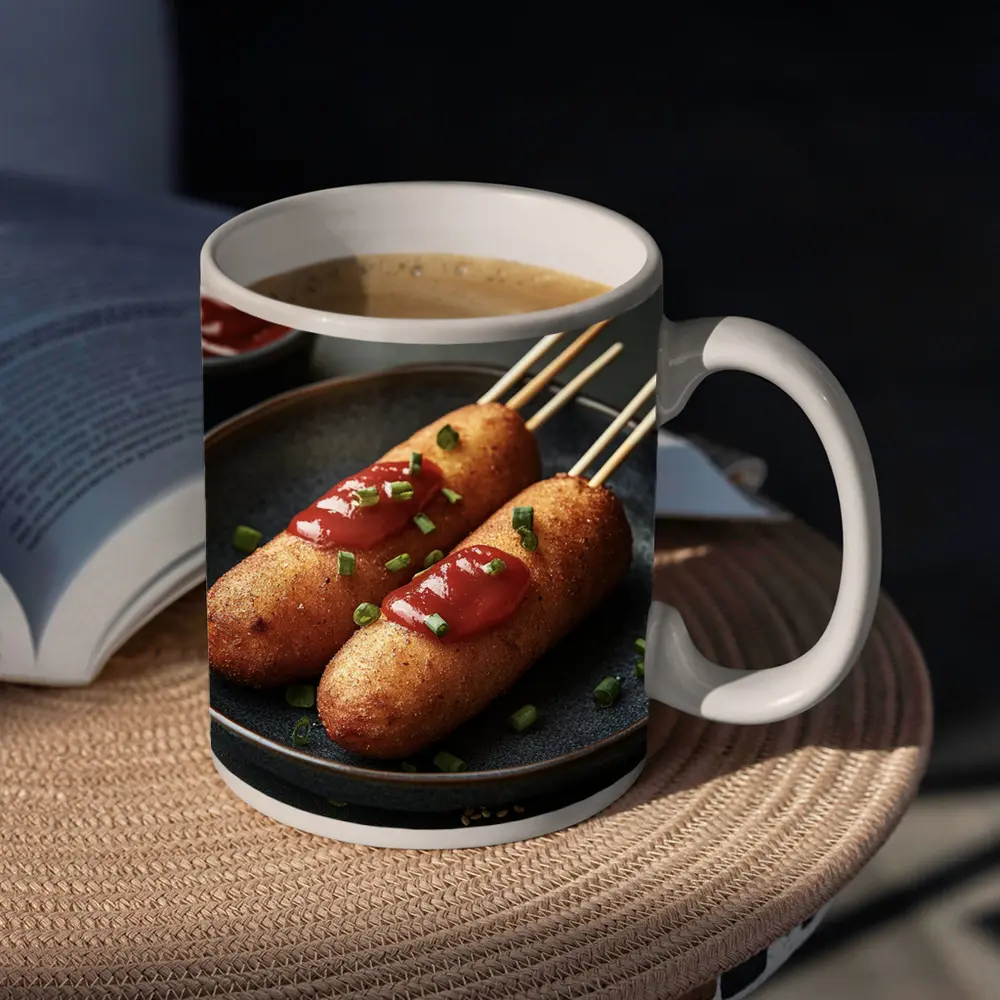 Corn Dogs With Ketchup On Dark Plate – Mugs