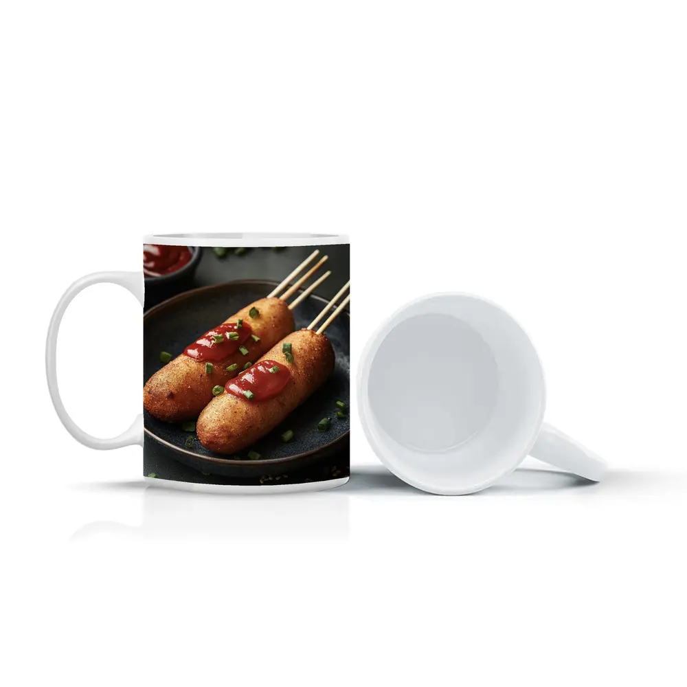 Corn Dogs With Ketchup On Dark Plate – Mugs