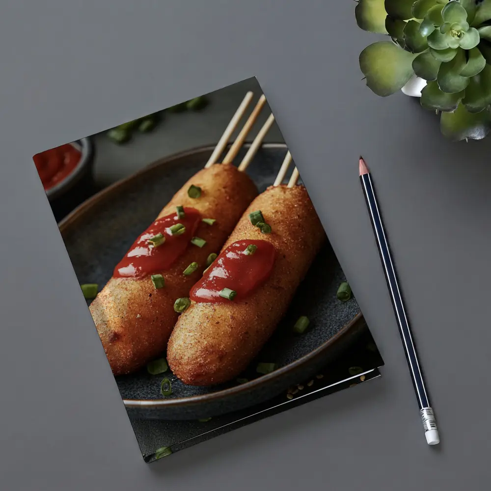 Corn Dogs With Ketchup On Dark Plate – Notebooks