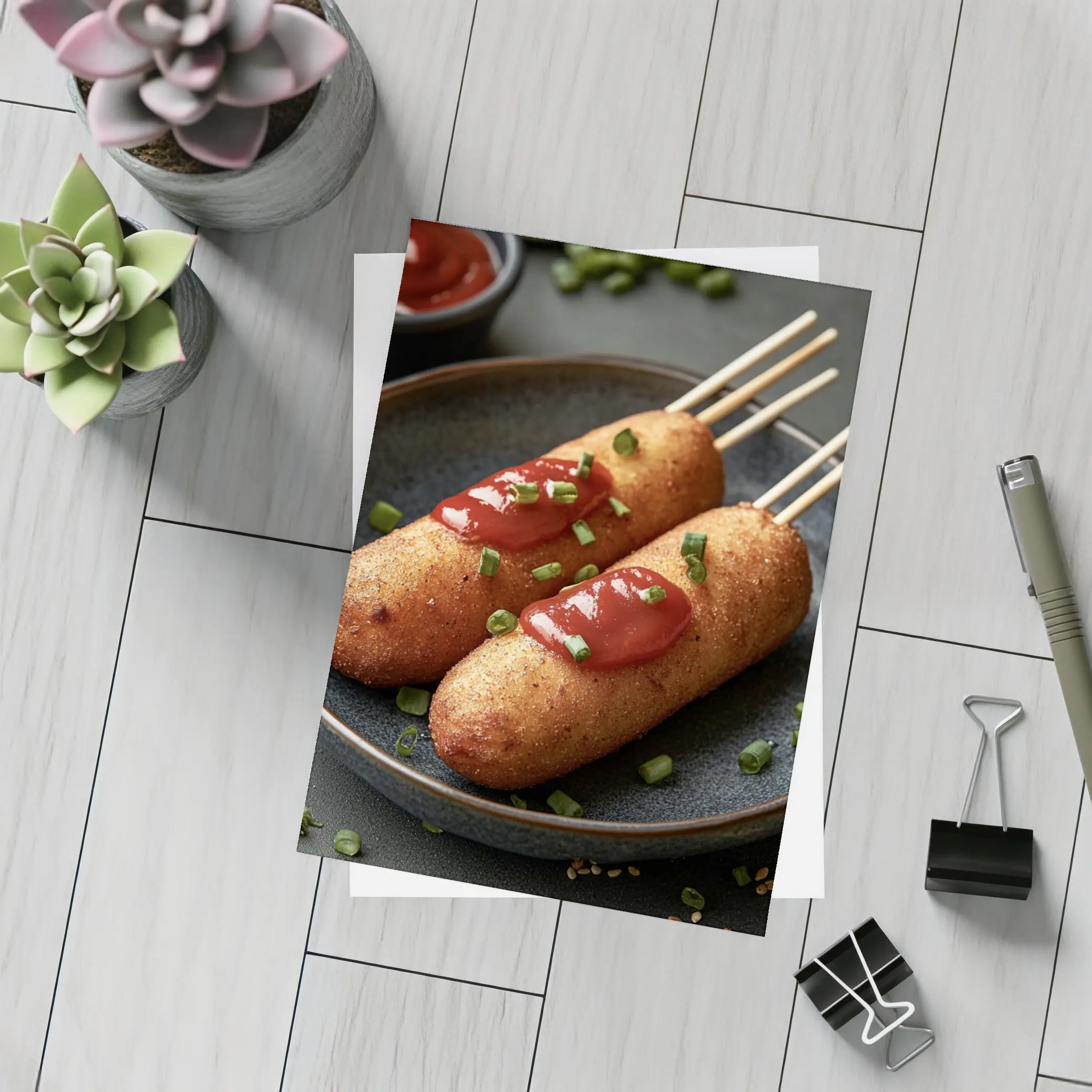 Corn Dogs With Ketchup On Dark Plate – Postcards