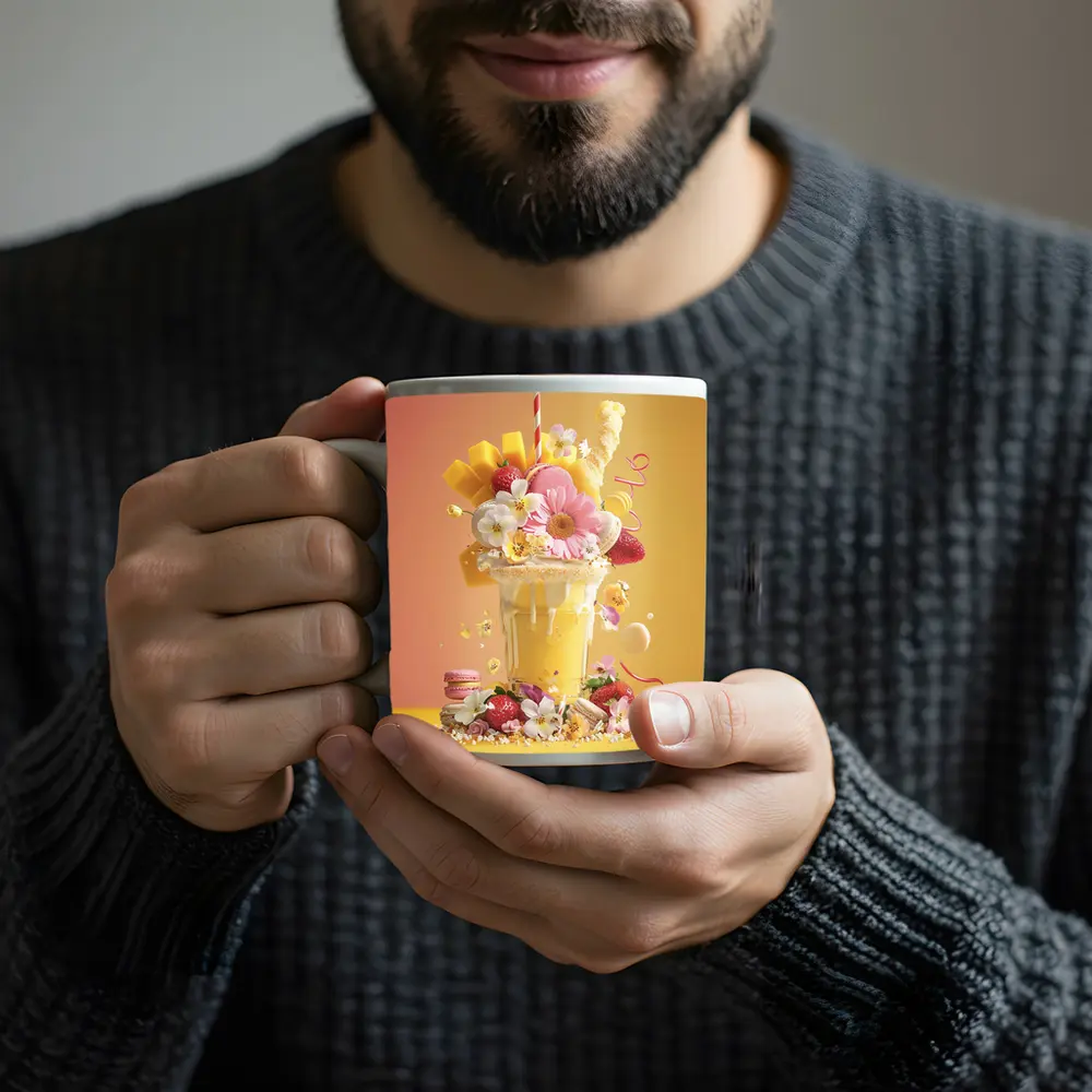 Mango Milkshake Flowers Macarons Strawberries Yellow – Mugs
