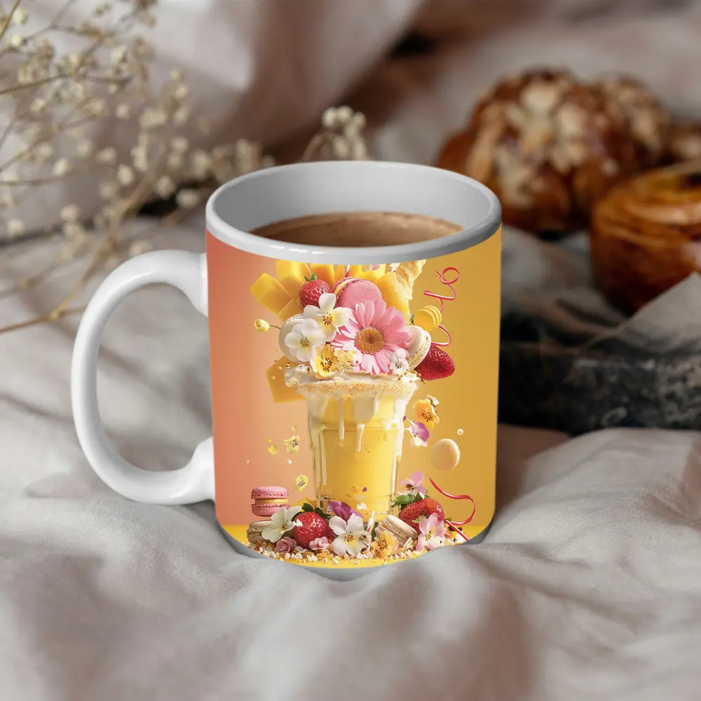 Mango Milkshake Flowers Macarons Strawberries Yellow – Mugs