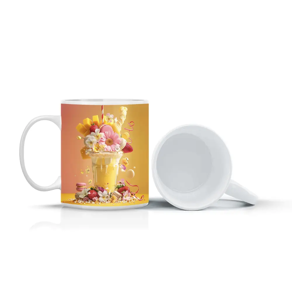 Mango Milkshake Flowers Macarons Strawberries Yellow – Mugs