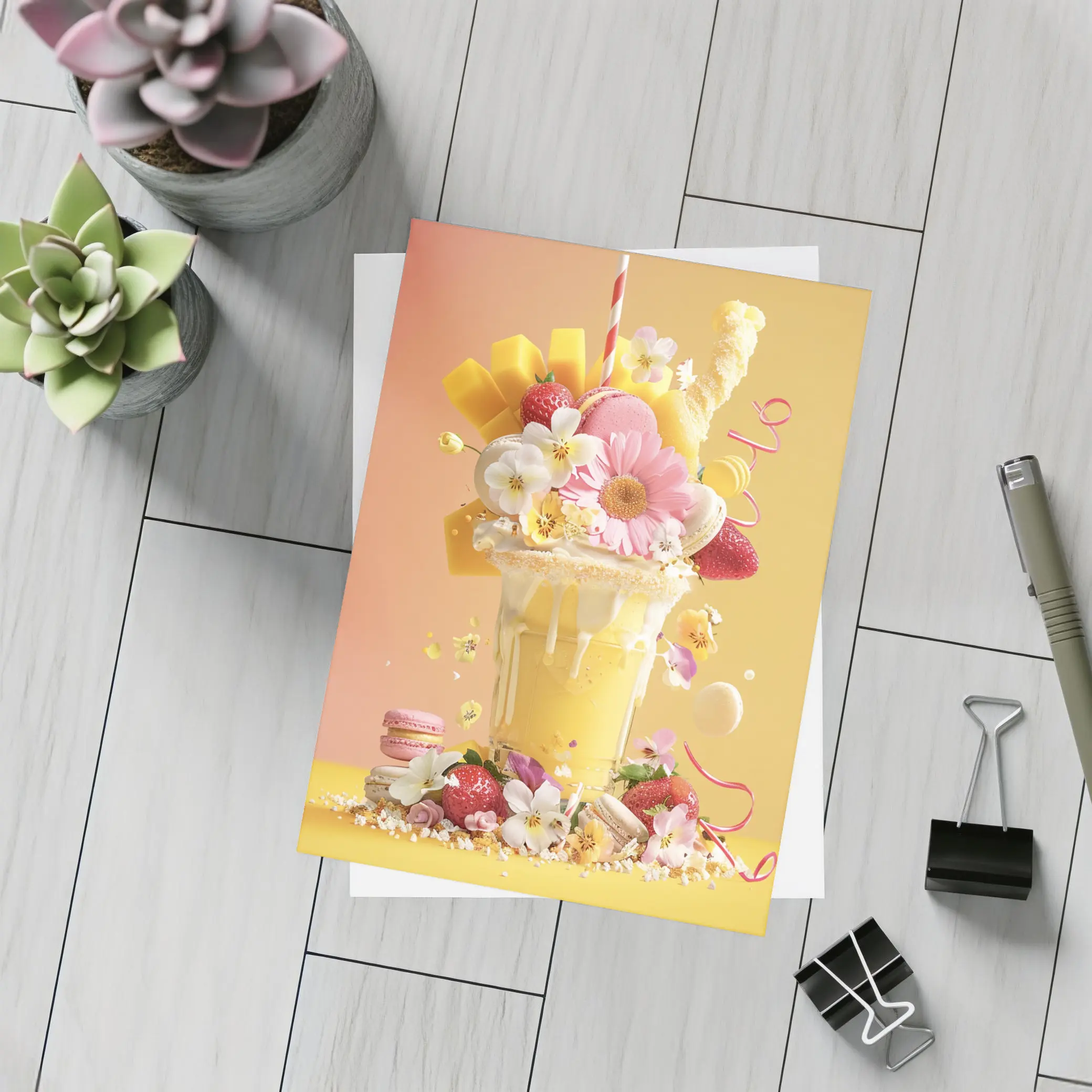 Mango Milkshake Flowers Macarons Strawberries Yellow – Postcards