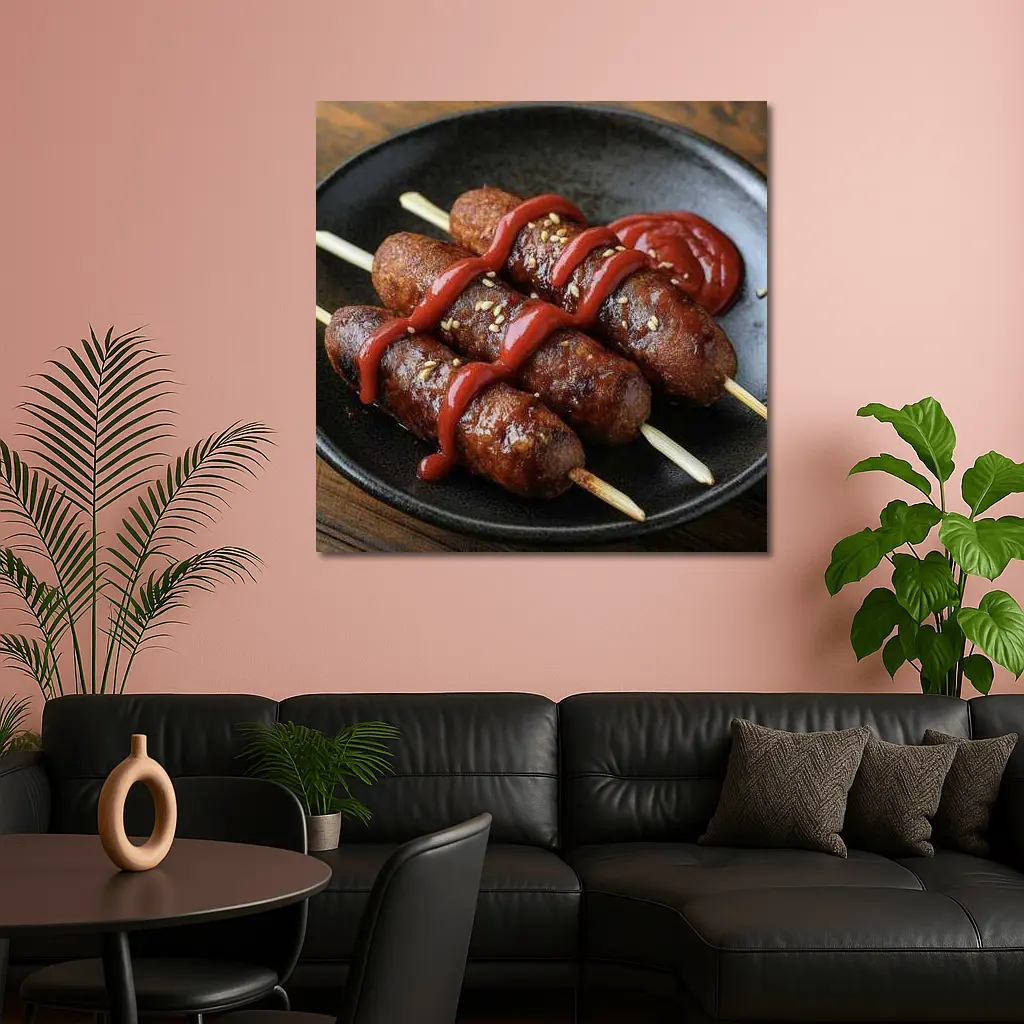 Grilled Sausage Skewers Ketchup Dark Plate – Wall Art