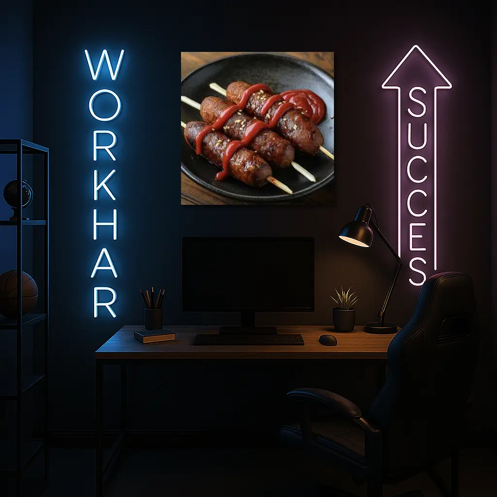 Grilled Sausage Skewers Ketchup Dark Plate – Wall Art