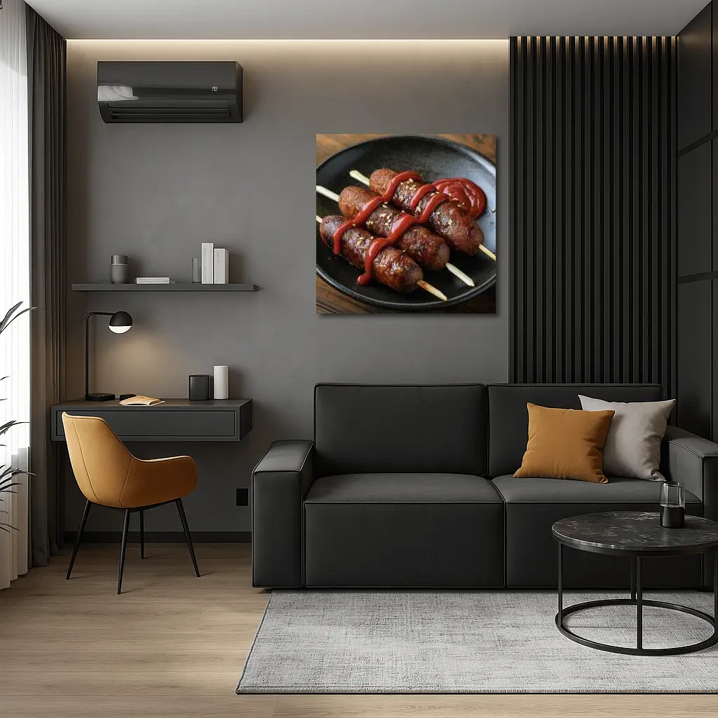 Grilled Sausage Skewers Ketchup Dark Plate – Wall Art