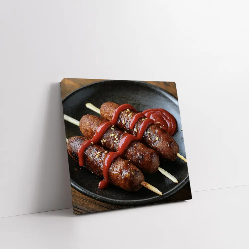 Grilled Sausage Skewers Ketchup Dark Plate – Wall Art