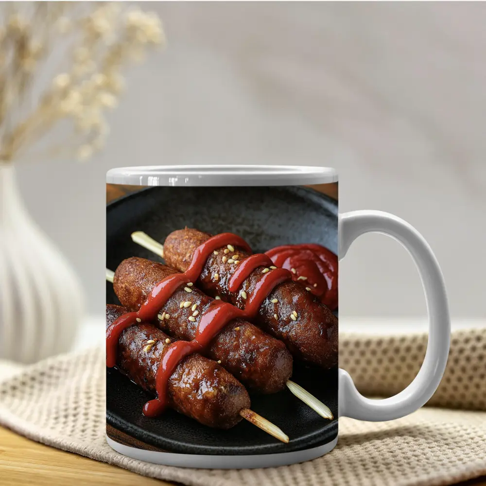 Grilled Sausage Skewers Ketchup Dark Plate – Mugs