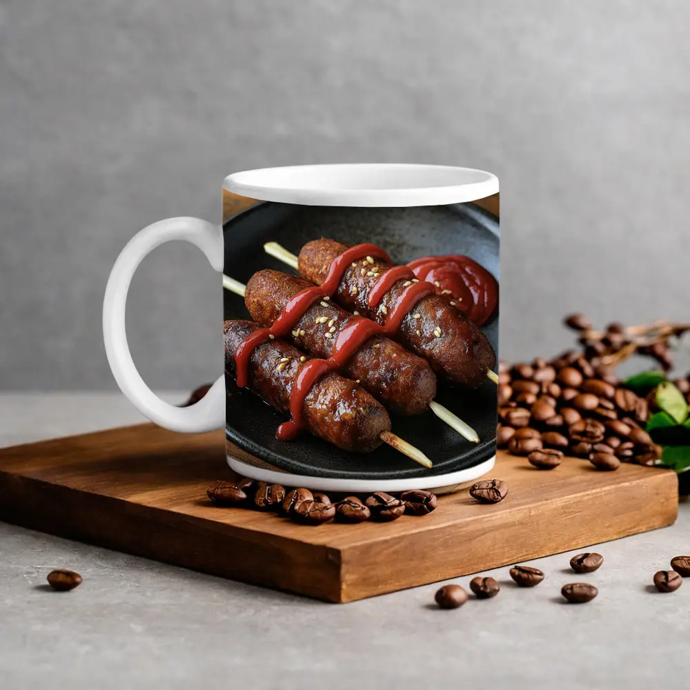Grilled Sausage Skewers Ketchup Dark Plate – Mugs