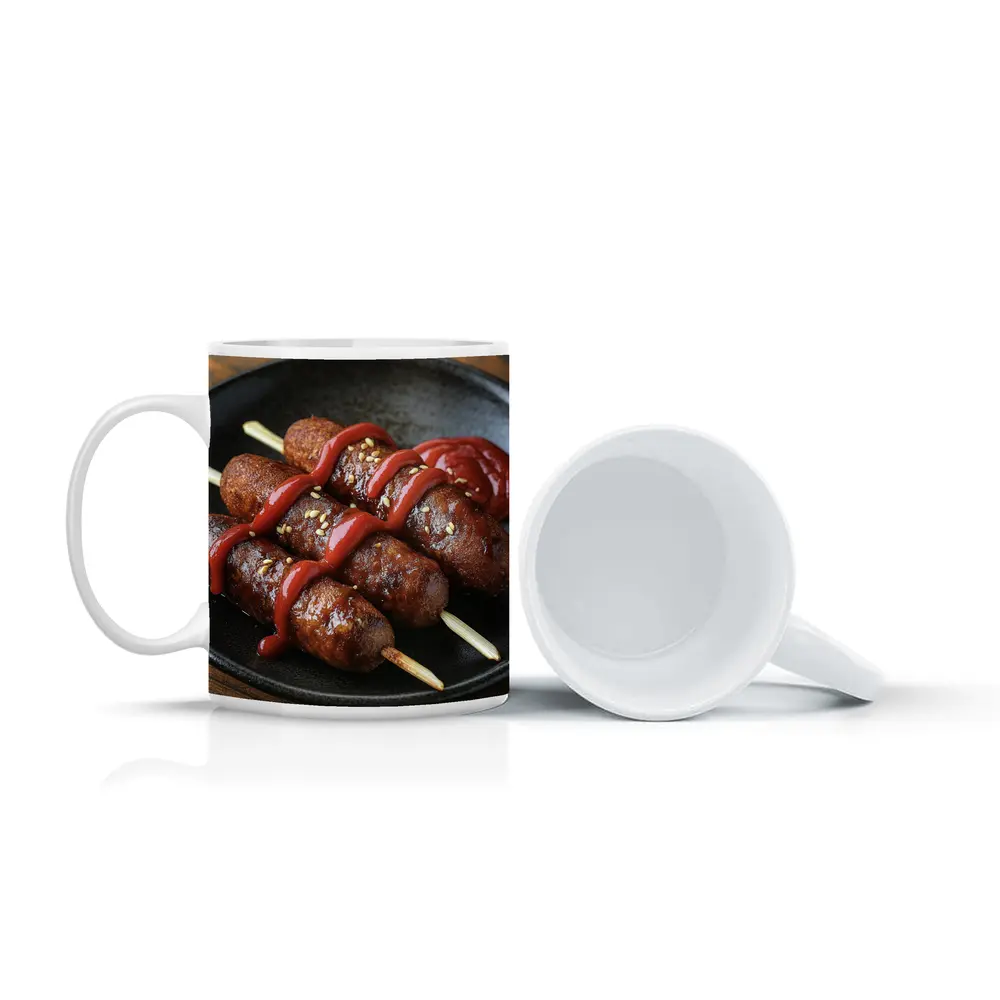 Grilled Sausage Skewers Ketchup Dark Plate – Mugs