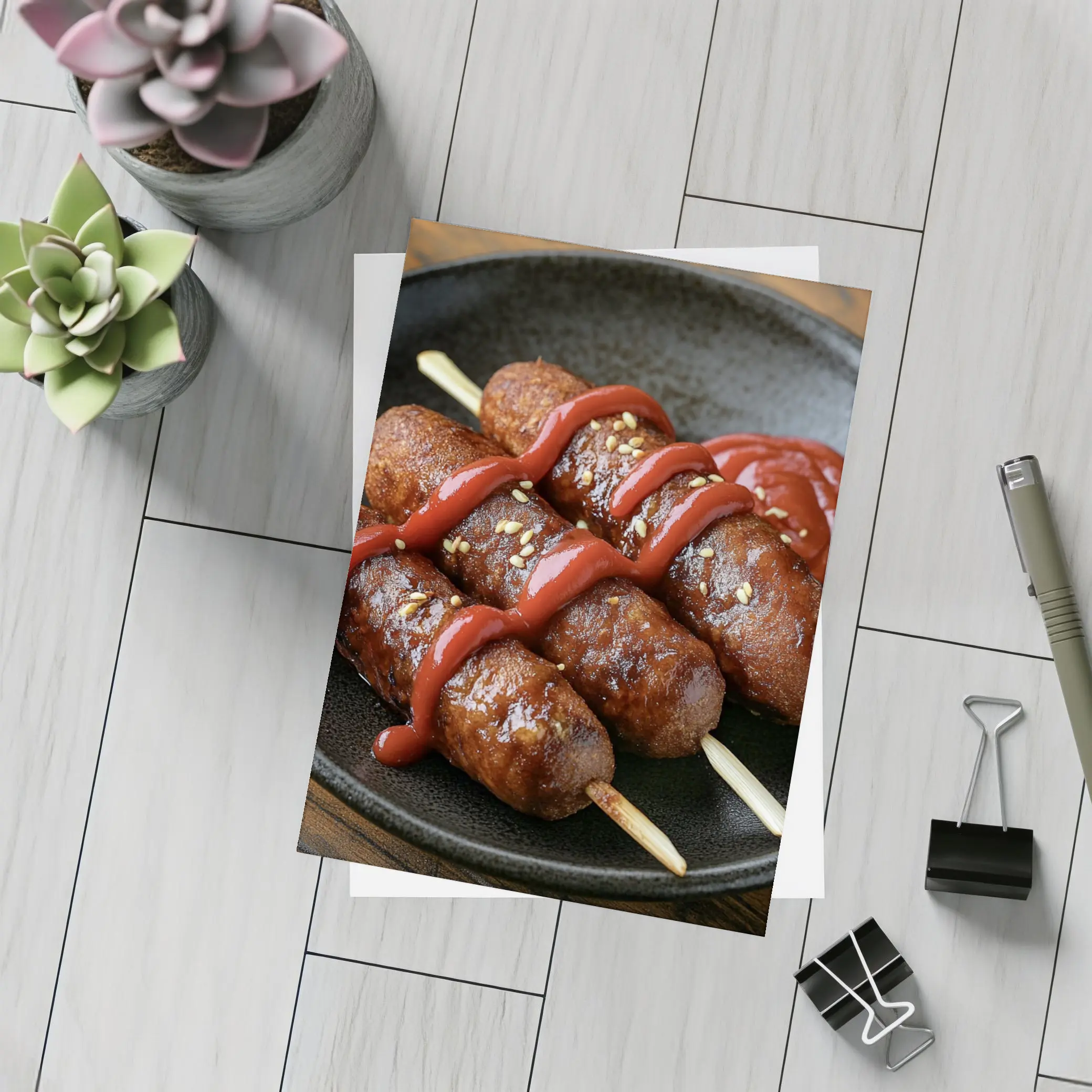 Grilled Sausage Skewers Ketchup Dark Plate – Postcards