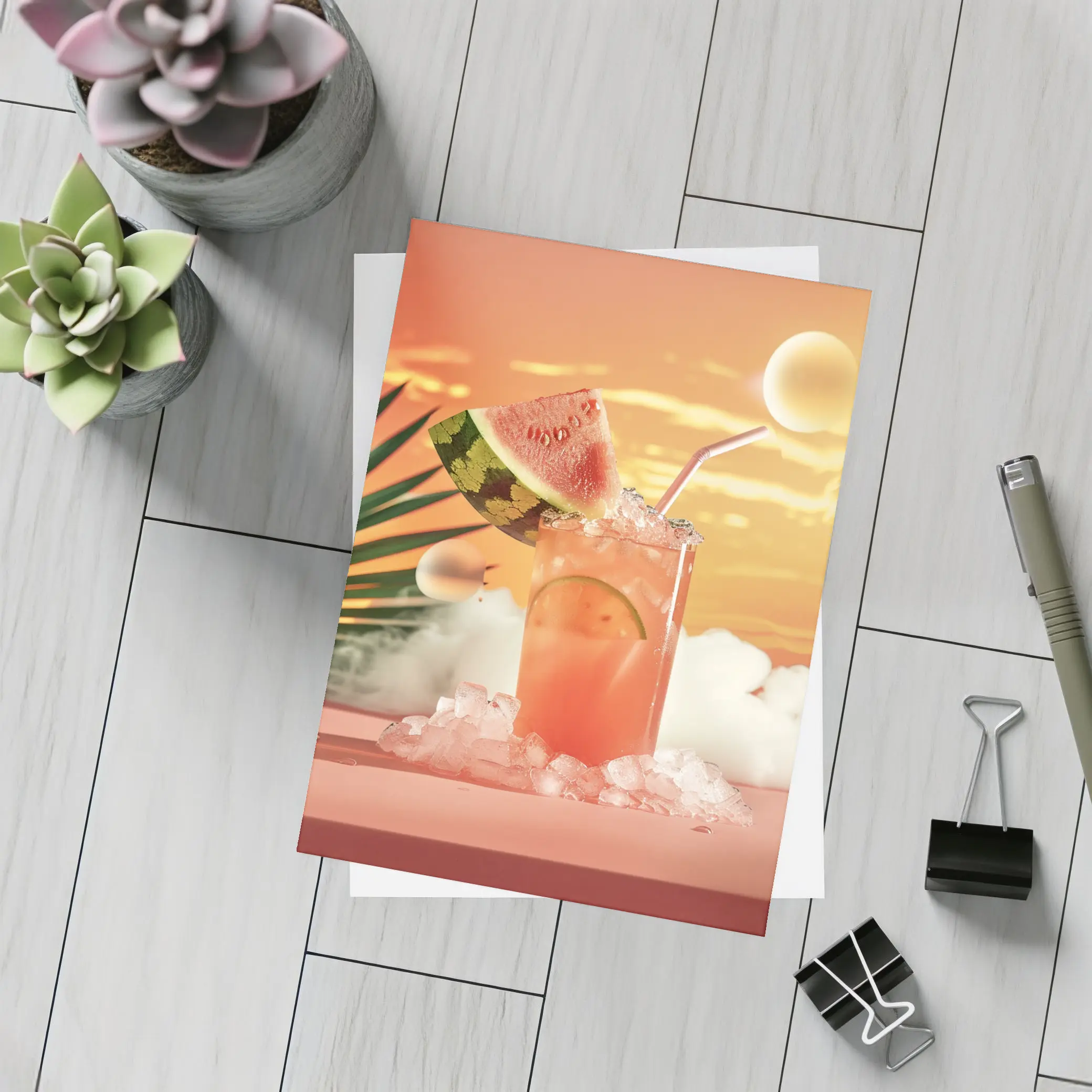 Watermelon Summer Cocktail Tropical Sunset Scene – Postcards