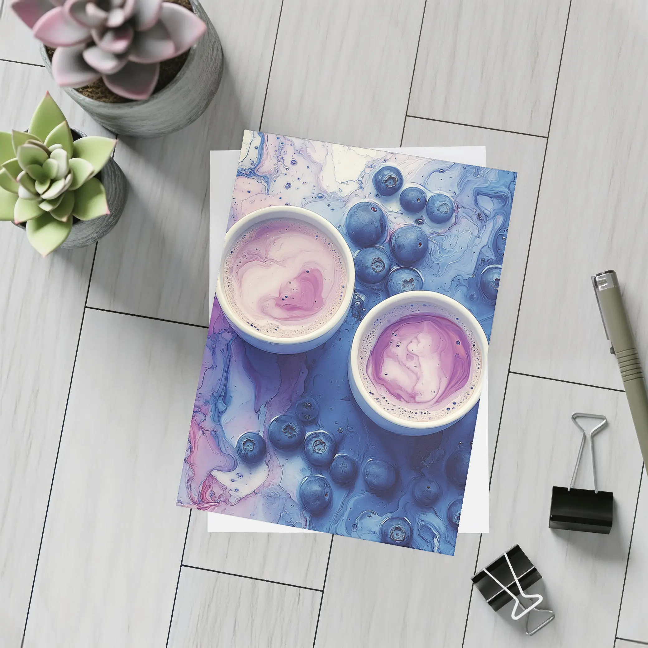 Blueberry Latte Cups Blue Marble Background – Postcards