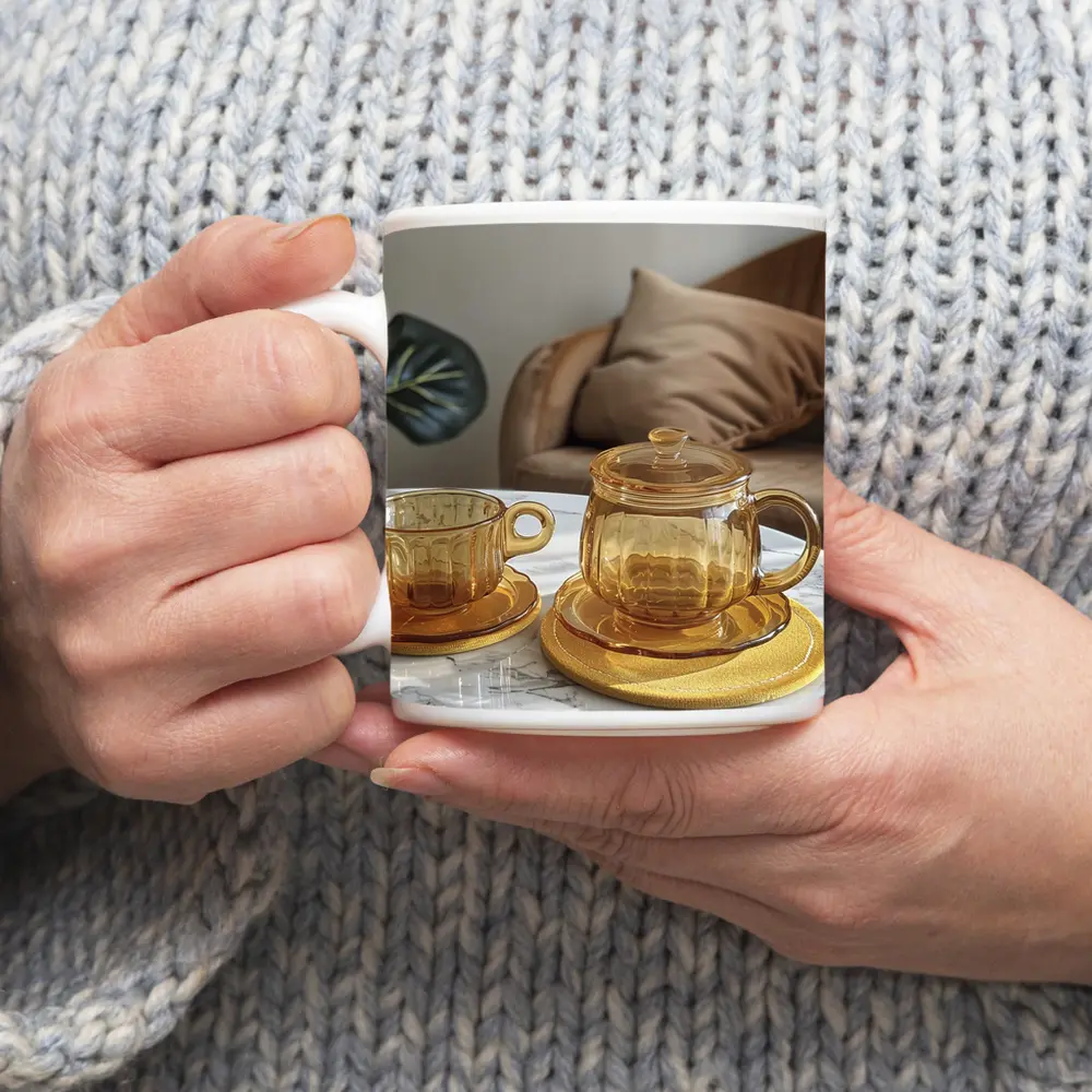 Amber Glass Tea Set Marble Table – Mugs